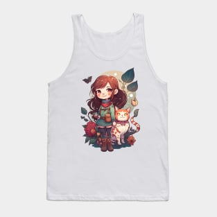 Cute Girl & Cat Kawaii Anime Floral Cat Lover Tank Top